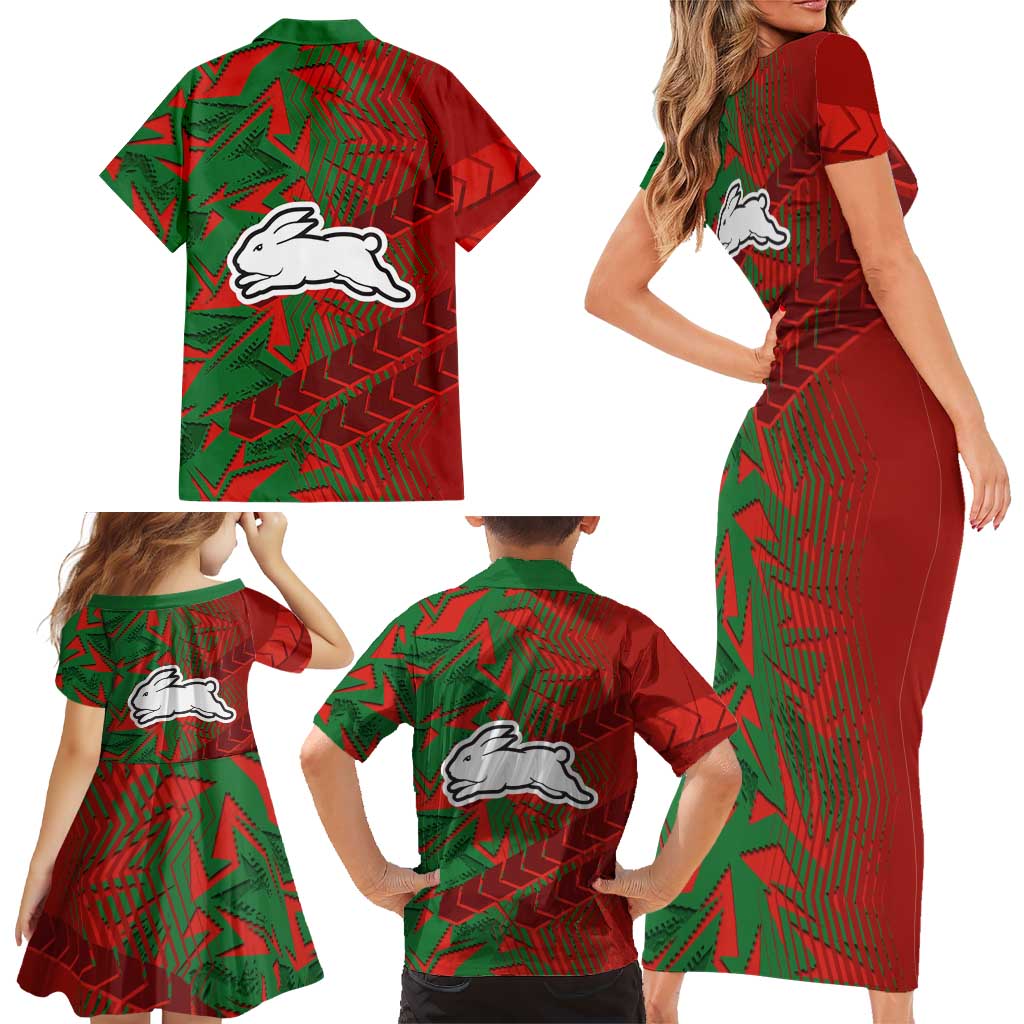 South Sydney Rabbitohs Rugby Family Matching Short Sleeve Bodycon Dress and Hawaiian Shirt Fierce Mascot Geometric Tribal Art