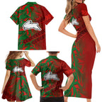 South Sydney Rabbitohs Rugby Family Matching Short Sleeve Bodycon Dress and Hawaiian Shirt Fierce Mascot Geometric Tribal Art