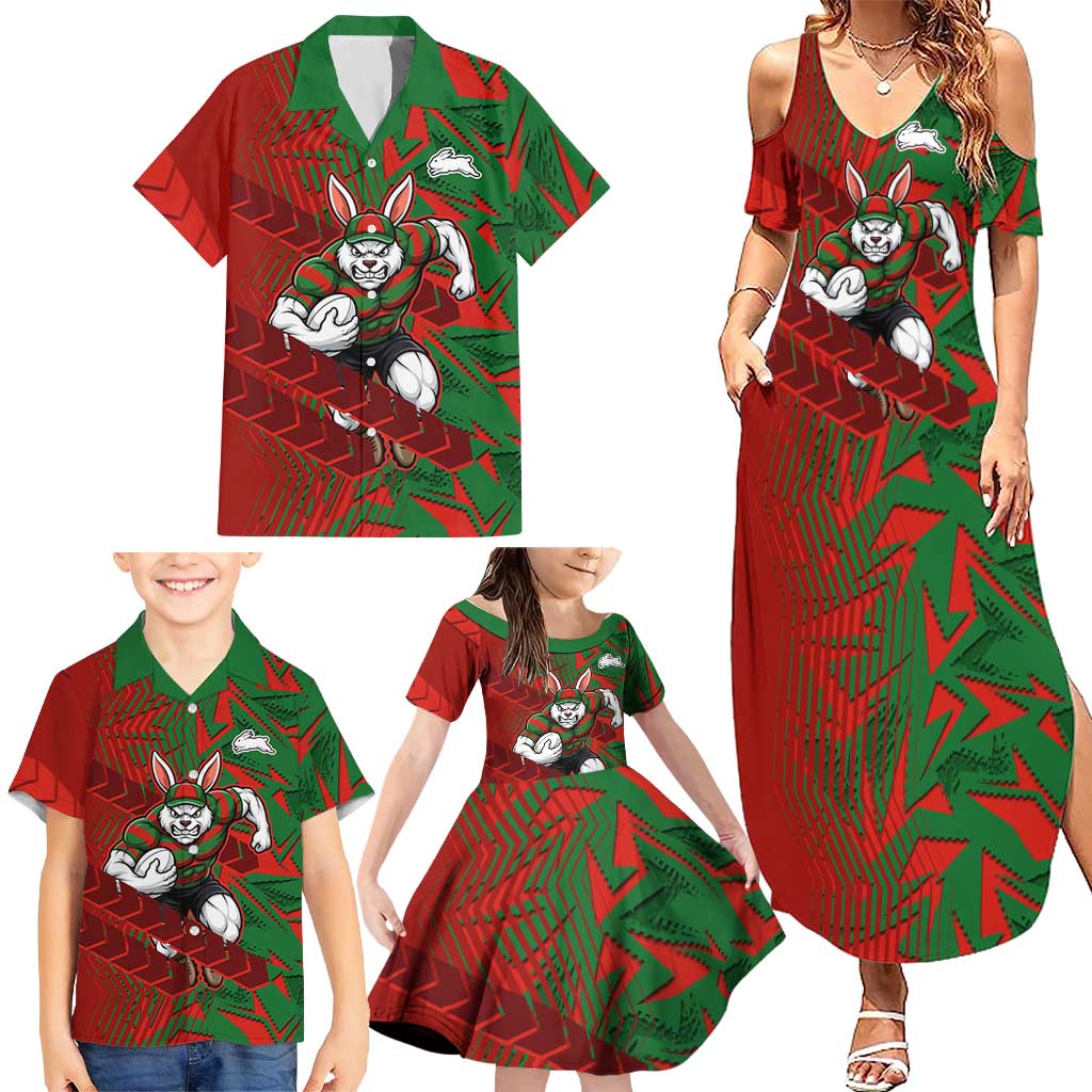 South Sydney Rabbitohs Rugby Family Matching Summer Maxi Dress and Hawaiian Shirt Fierce Mascot Geometric Tribal Art