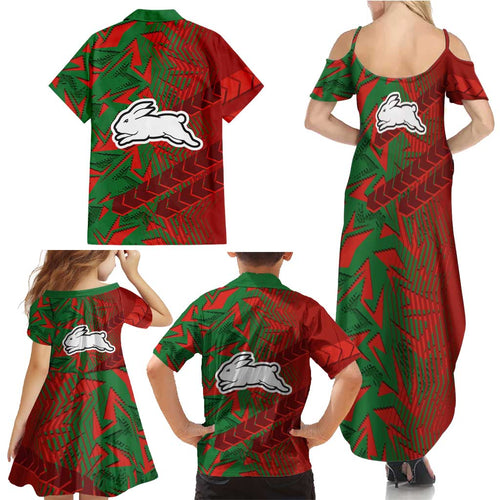 South Sydney Rabbitohs Rugby Family Matching Summer Maxi Dress and Hawaiian Shirt Fierce Mascot Geometric Tribal Art