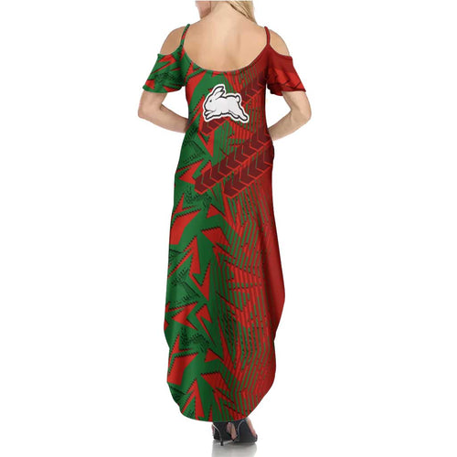 South Sydney Rabbitohs Rugby Family Matching Summer Maxi Dress and Hawaiian Shirt Fierce Mascot Geometric Tribal Art