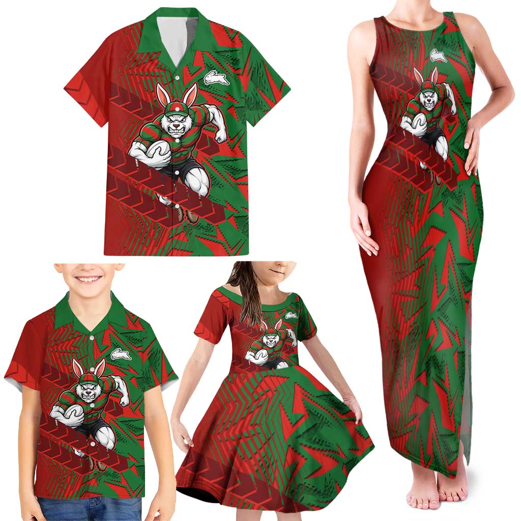 South Sydney Rabbitohs Rugby Family Matching Tank Maxi Dress and Hawaiian Shirt Fierce Mascot Geometric Tribal Art