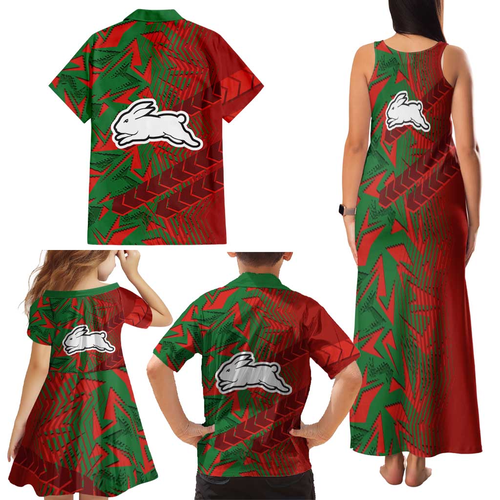 South Sydney Rabbitohs Rugby Family Matching Tank Maxi Dress and Hawaiian Shirt Fierce Mascot Geometric Tribal Art