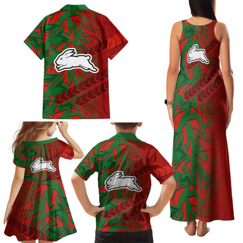 South Sydney Rabbitohs Rugby Family Matching Tank Maxi Dress and Hawaiian Shirt Fierce Mascot Geometric Tribal Art