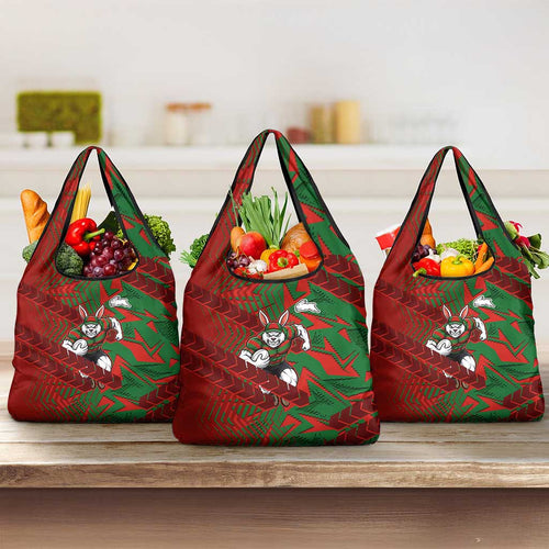 South Sydney Rabbitohs Rugby Grocery Bag Fierce Mascot Geometric Tribal Art