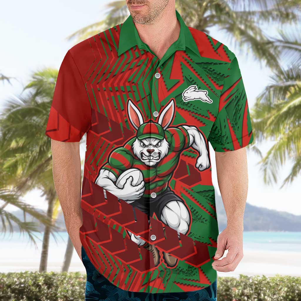 South Sydney Rabbitohs Rugby Hawaiian Shirt Fierce Mascot Geometric Tribal Art