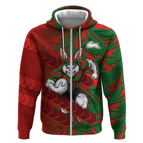 South Sydney Rabbitohs Rugby Hoodie Fierce Mascot Geometric Tribal Art