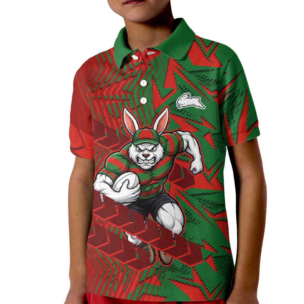 South Sydney Rabbitohs Rugby Kid Polo Shirt Fierce Mascot Geometric Tribal Art