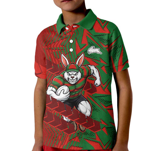 South Sydney Rabbitohs Rugby Kid Polo Shirt Fierce Mascot Geometric Tribal Art