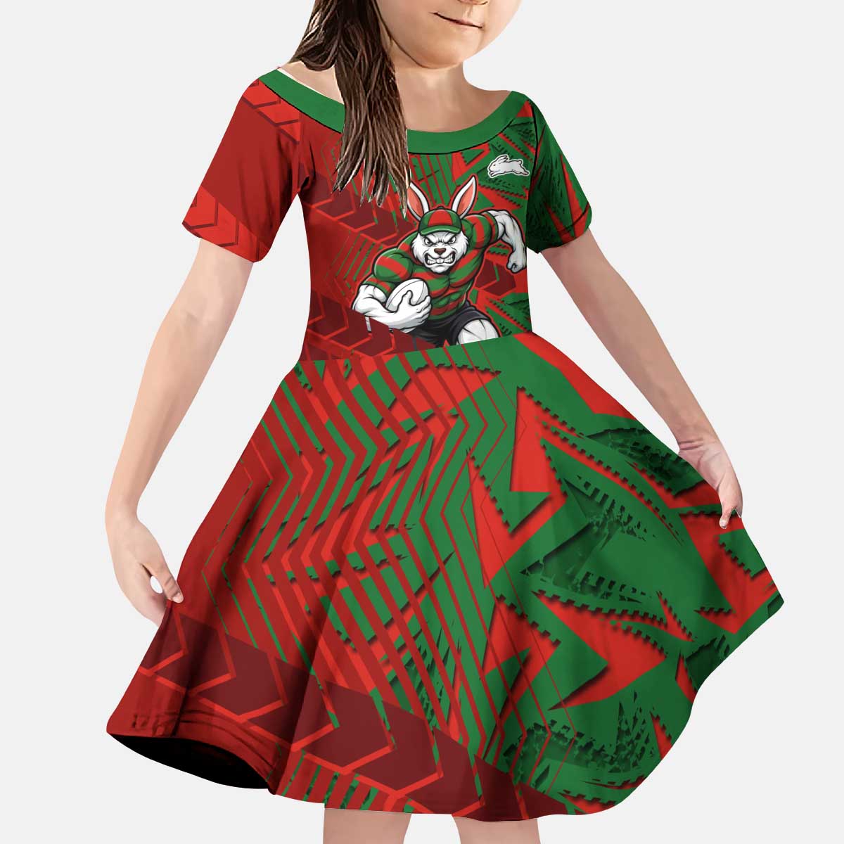South Sydney Rabbitohs Rugby Kid Short Sleeve Dress Fierce Mascot Geometric Tribal Art