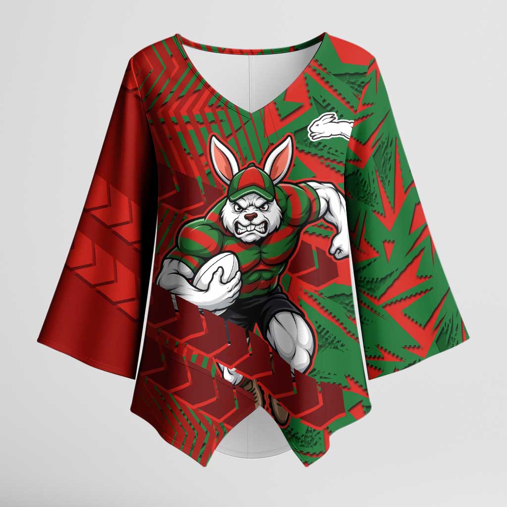 South Sydney Rabbitohs Rugby Kimono Sleeve Blouse Fierce Mascot Geometric Tribal Art