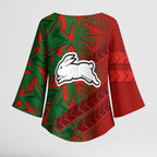 South Sydney Rabbitohs Rugby Kimono Sleeve Blouse Fierce Mascot Geometric Tribal Art