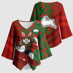 South Sydney Rabbitohs Rugby Kimono Sleeve Blouse Fierce Mascot Geometric Tribal Art