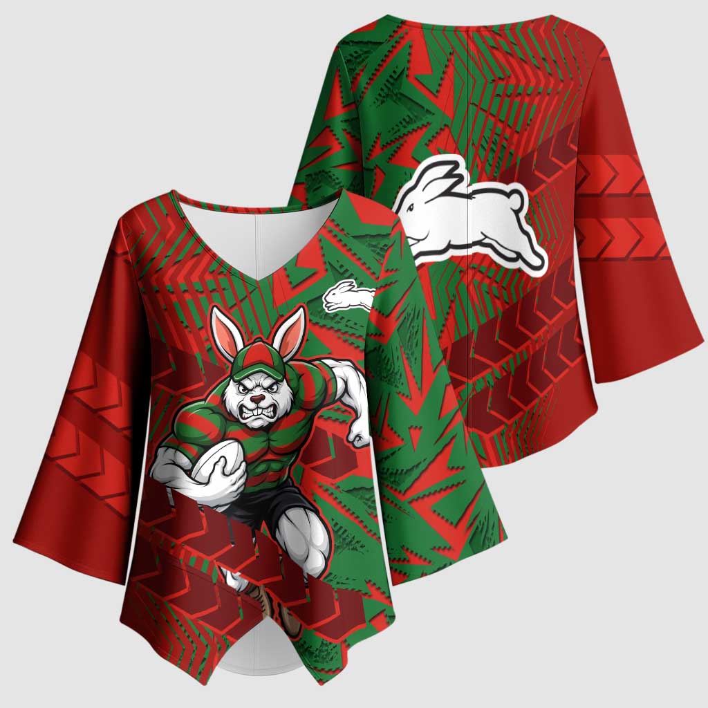 South Sydney Rabbitohs Rugby Kimono Sleeve Blouse Fierce Mascot Geometric Tribal Art