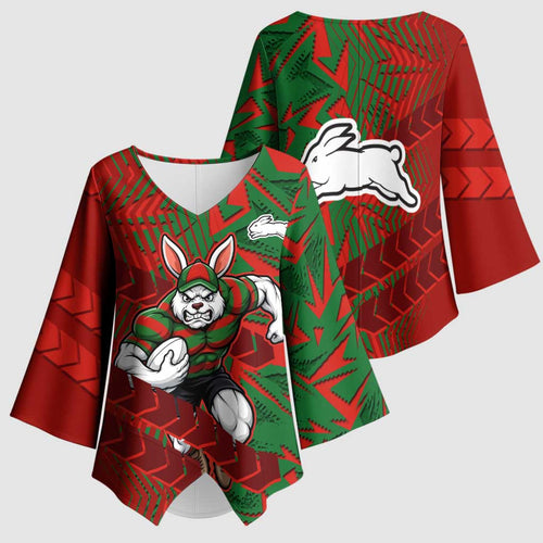 South Sydney Rabbitohs Rugby Kimono Sleeve Blouse Fierce Mascot Geometric Tribal Art