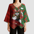 South Sydney Rabbitohs Rugby Kimono Sleeve Blouse Fierce Mascot Geometric Tribal Art