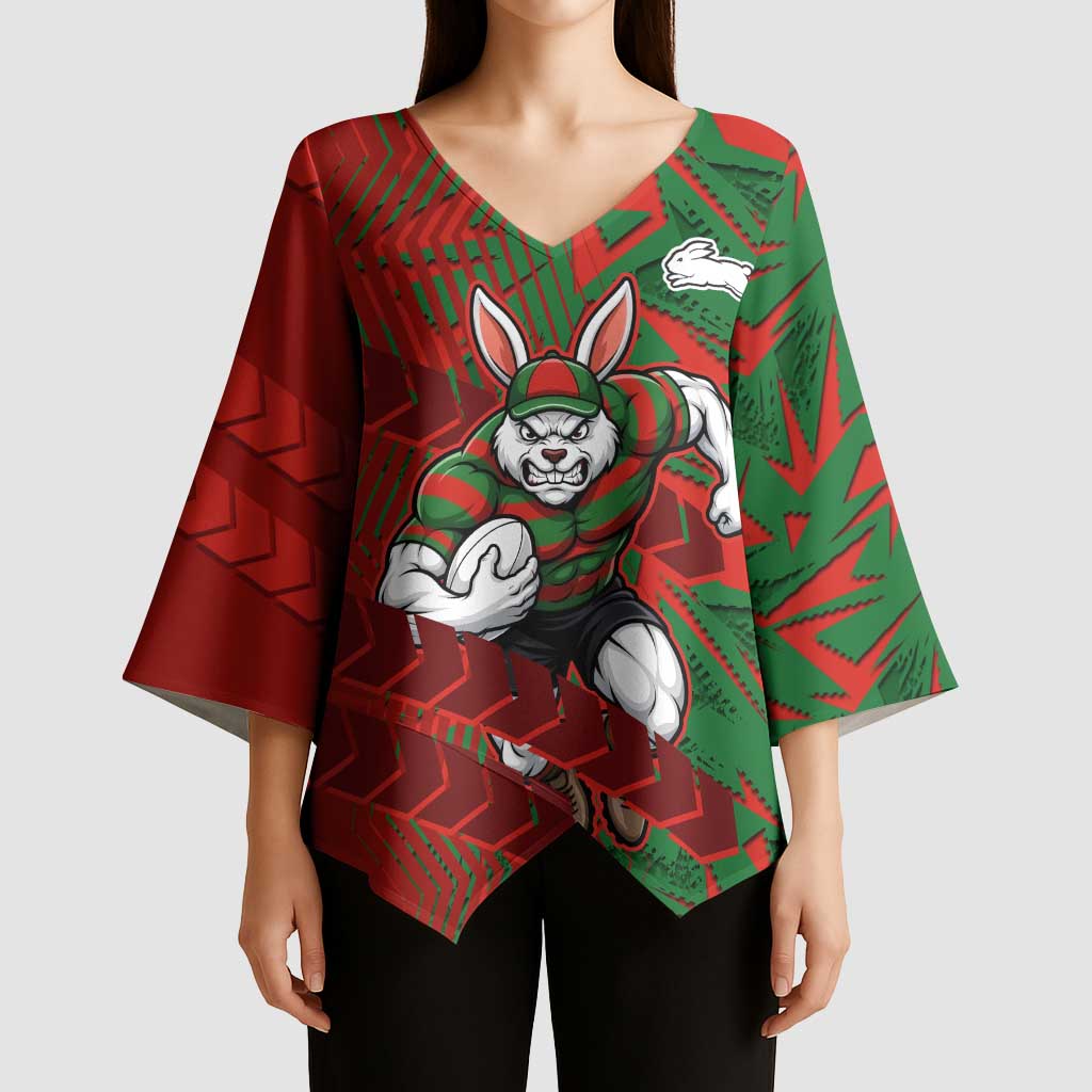 South Sydney Rabbitohs Rugby Kimono Sleeve Blouse Fierce Mascot Geometric Tribal Art