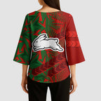 South Sydney Rabbitohs Rugby Kimono Sleeve Blouse Fierce Mascot Geometric Tribal Art