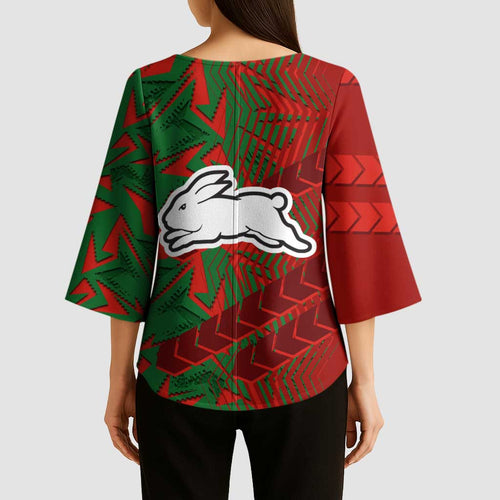 South Sydney Rabbitohs Rugby Kimono Sleeve Blouse Fierce Mascot Geometric Tribal Art