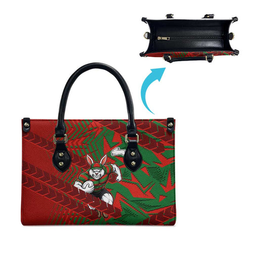South Sydney Rabbitohs Rugby Leather Bag Fierce Mascot Geometric Tribal Art
