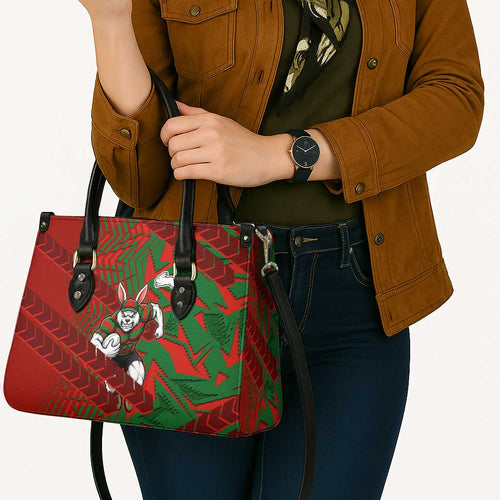 South Sydney Rabbitohs Rugby Leather Bag Fierce Mascot Geometric Tribal Art