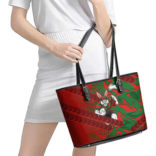 South Sydney Rabbitohs Rugby Leather Tote Bag Fierce Mascot Geometric Tribal Art