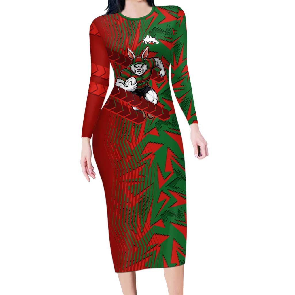 South Sydney Rabbitohs Rugby Long Sleeve Bodycon Dress Fierce Mascot Geometric Tribal Art