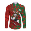 South Sydney Rabbitohs Rugby Long Sleeve Button Shirt Fierce Mascot Geometric Tribal Art