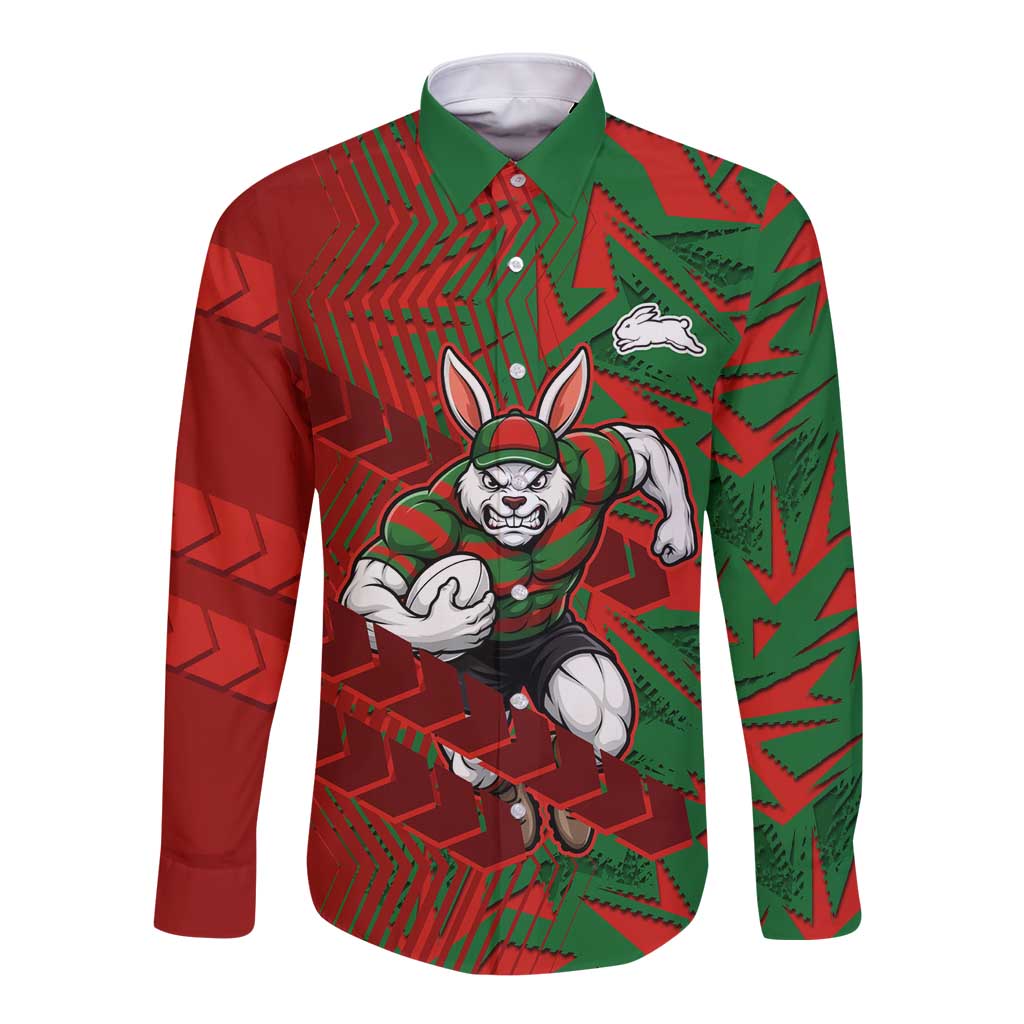 South Sydney Rabbitohs Rugby Long Sleeve Button Shirt Fierce Mascot Geometric Tribal Art