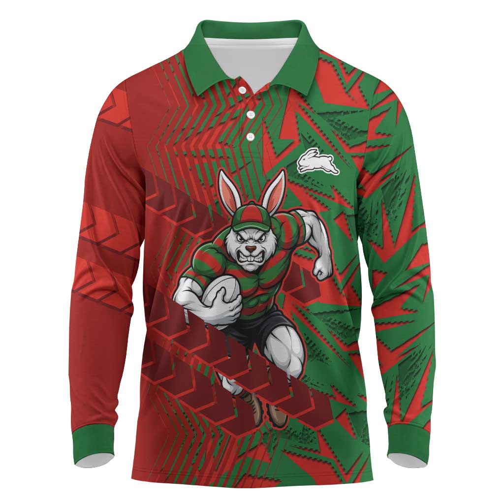 South Sydney Rabbitohs Rugby Long Sleeve Polo Shirt Fierce Mascot Geometric Tribal Art