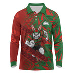 South Sydney Rabbitohs Rugby Long Sleeve Polo Shirt Fierce Mascot Geometric Tribal Art