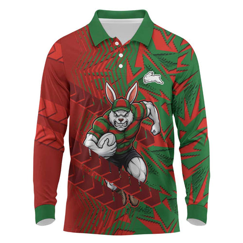 South Sydney Rabbitohs Rugby Long Sleeve Polo Shirt Fierce Mascot Geometric Tribal Art