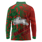 South Sydney Rabbitohs Rugby Long Sleeve Polo Shirt Fierce Mascot Geometric Tribal Art