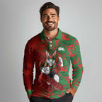 South Sydney Rabbitohs Rugby Long Sleeve Polo Shirt Fierce Mascot Geometric Tribal Art