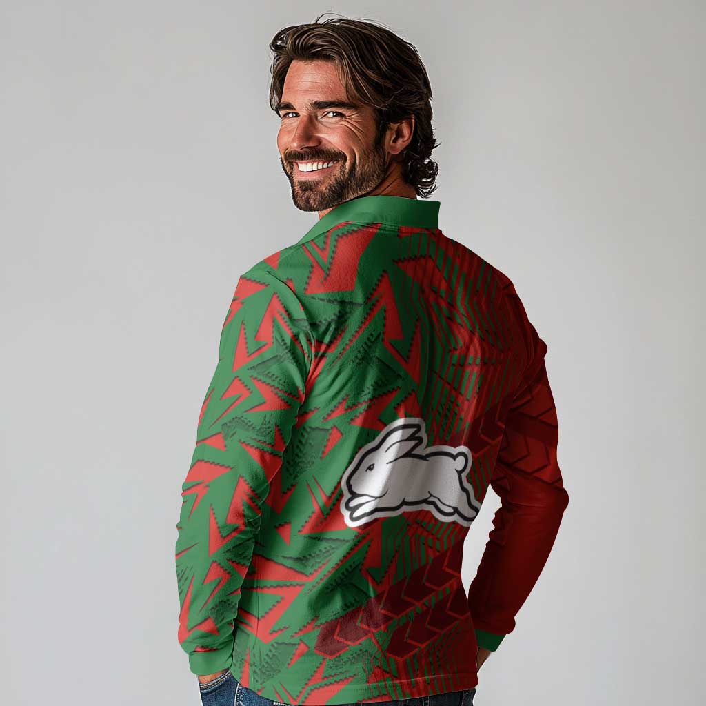 South Sydney Rabbitohs Rugby Long Sleeve Polo Shirt Fierce Mascot Geometric Tribal Art