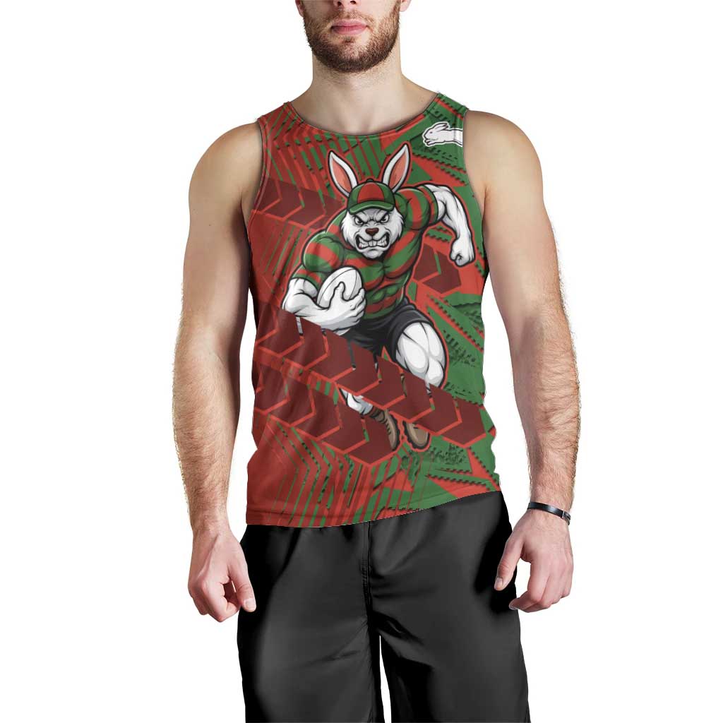 South Sydney Rabbitohs Rugby Men Tank Top Fierce Mascot Geometric Tribal Art