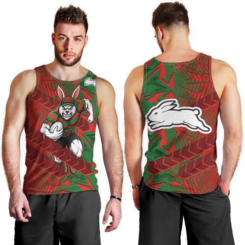 South Sydney Rabbitohs Rugby Men Tank Top Fierce Mascot Geometric Tribal Art