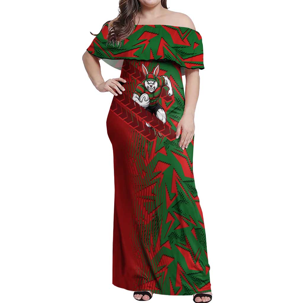 South Sydney Rabbitohs Rugby Off Shoulder Maxi Dress Fierce Mascot Geometric Tribal Art