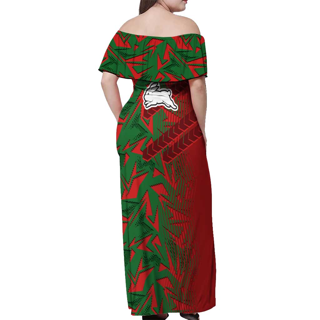 South Sydney Rabbitohs Rugby Off Shoulder Maxi Dress Fierce Mascot Geometric Tribal Art