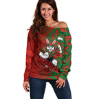 South Sydney Rabbitohs Rugby Off Shoulder Sweater Fierce Mascot Geometric Tribal Art