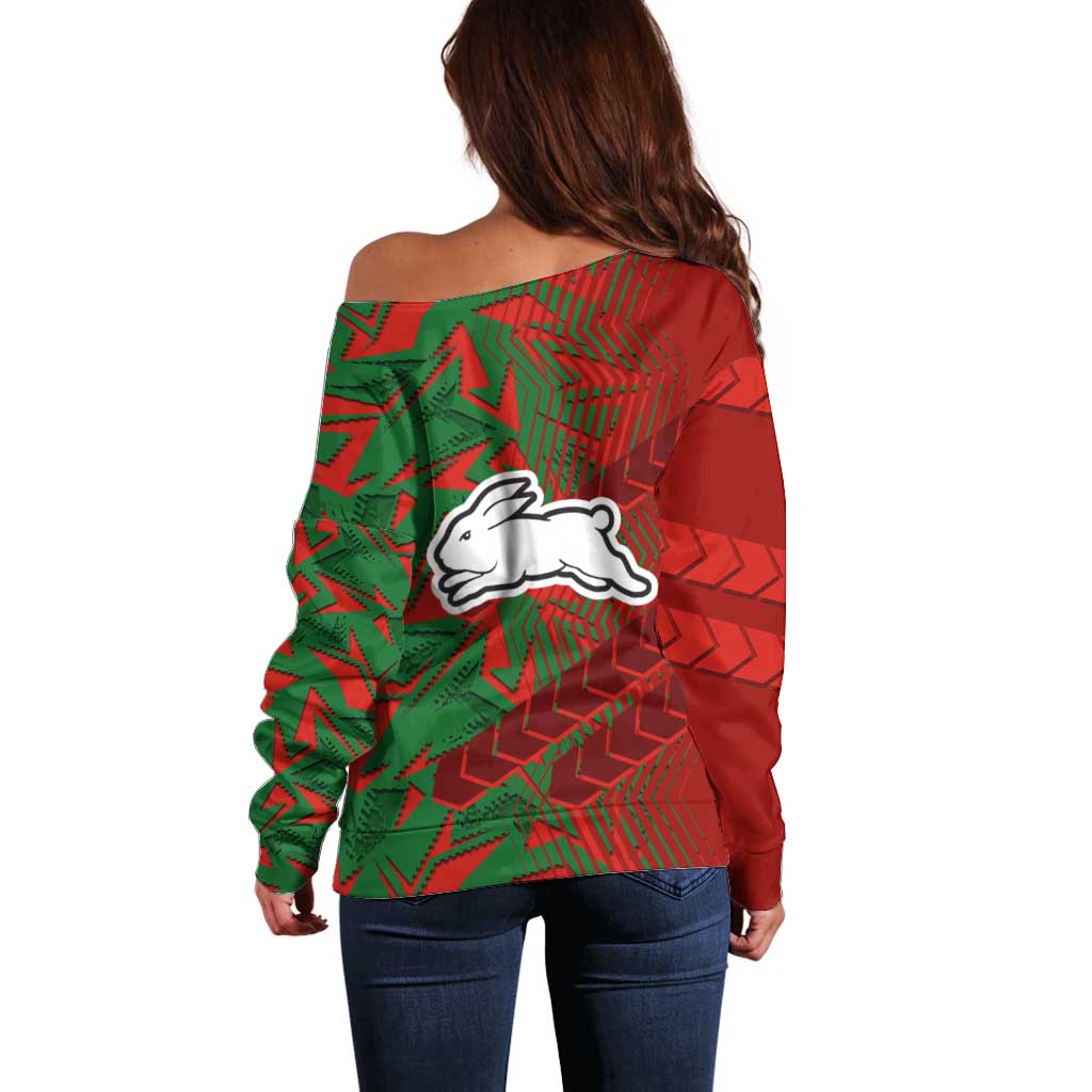South Sydney Rabbitohs Rugby Off Shoulder Sweater Fierce Mascot Geometric Tribal Art