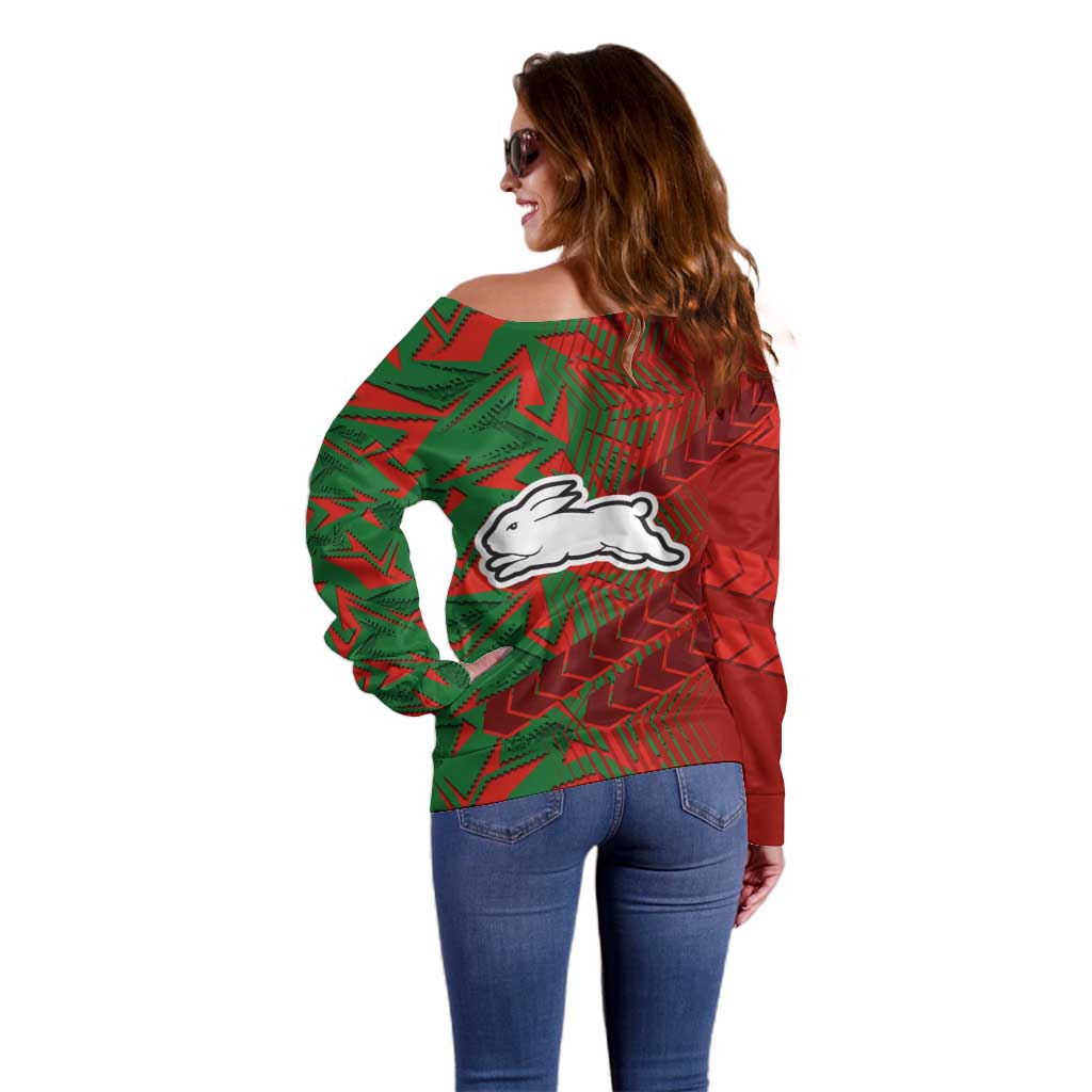 South Sydney Rabbitohs Rugby Off Shoulder Sweater Fierce Mascot Geometric Tribal Art