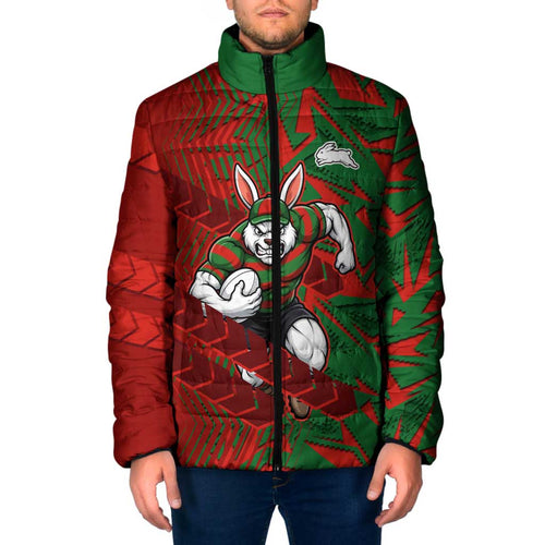 South Sydney Rabbitohs Rugby Padded Jacket Fierce Mascot Geometric Tribal Art