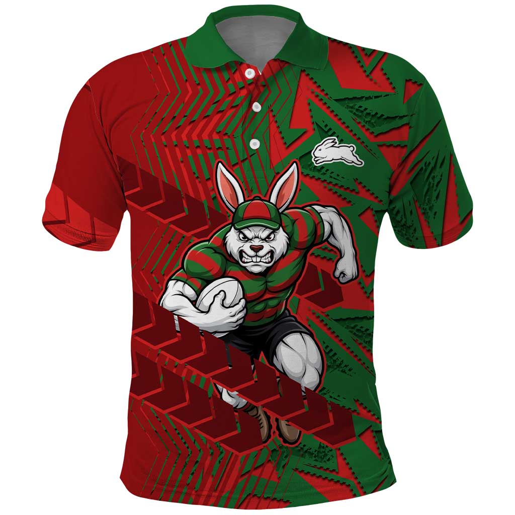 South Sydney Rabbitohs Rugby Polo Shirt Fierce Mascot Geometric Tribal Art