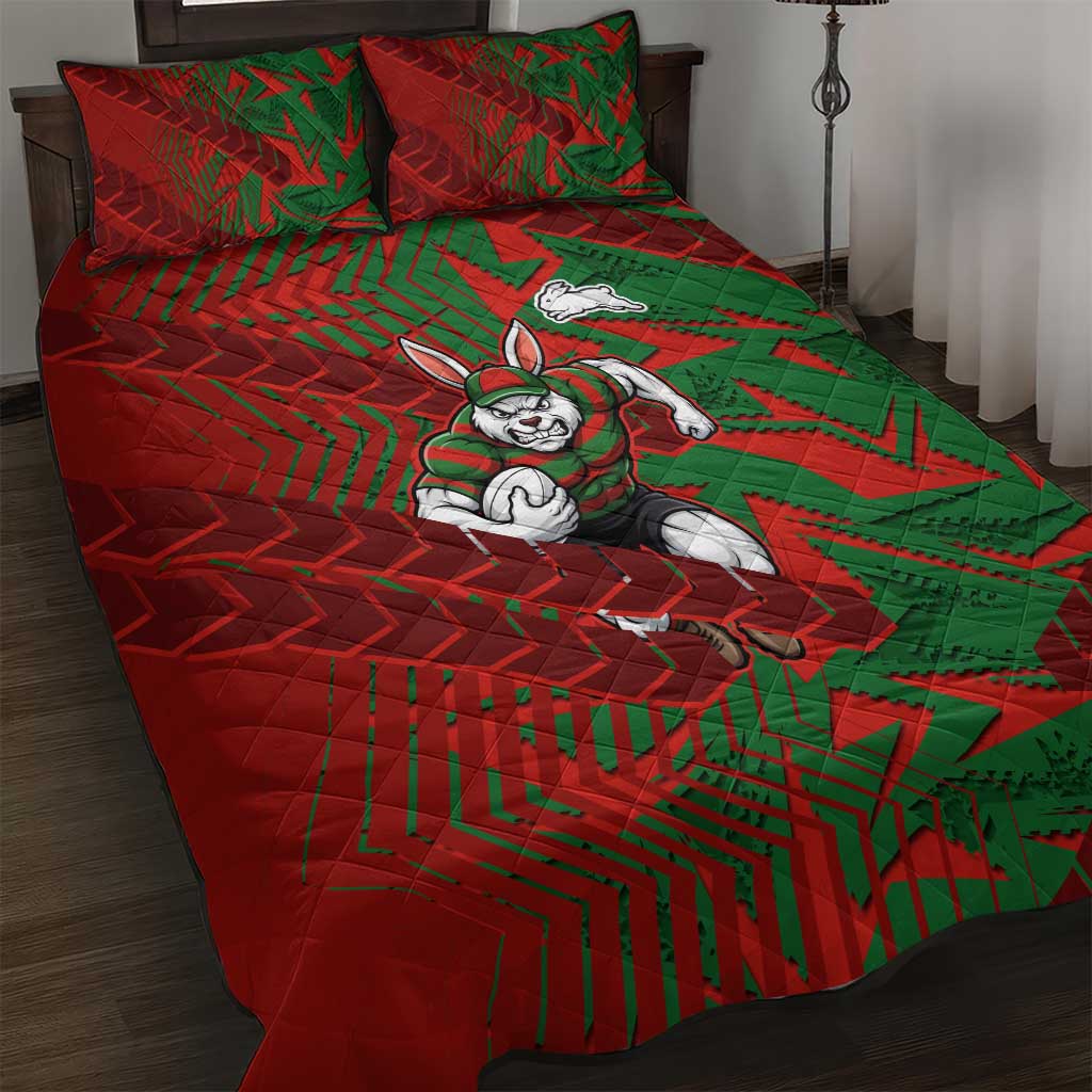 South Sydney Rabbitohs Rugby Quilt Bed Set Fierce Mascot Geometric Tribal Art