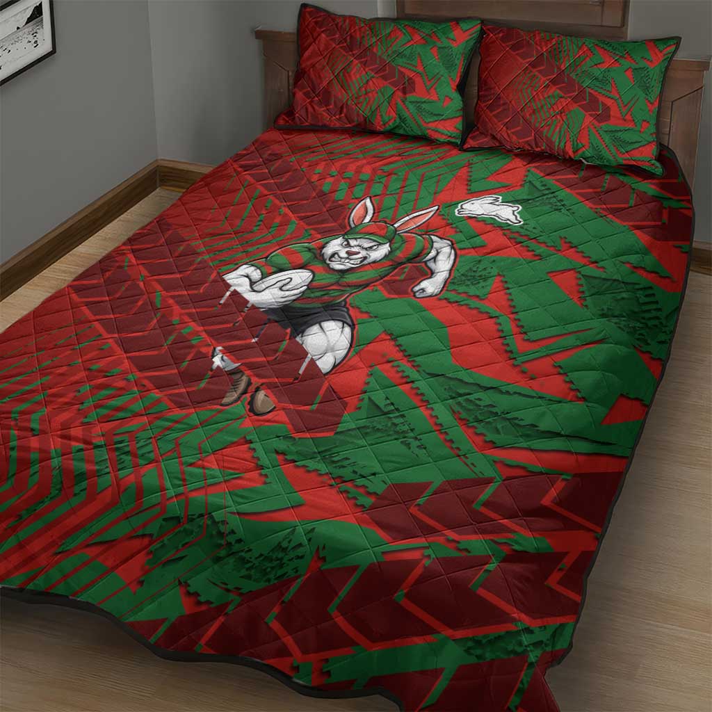 South Sydney Rabbitohs Rugby Quilt Bed Set Fierce Mascot Geometric Tribal Art
