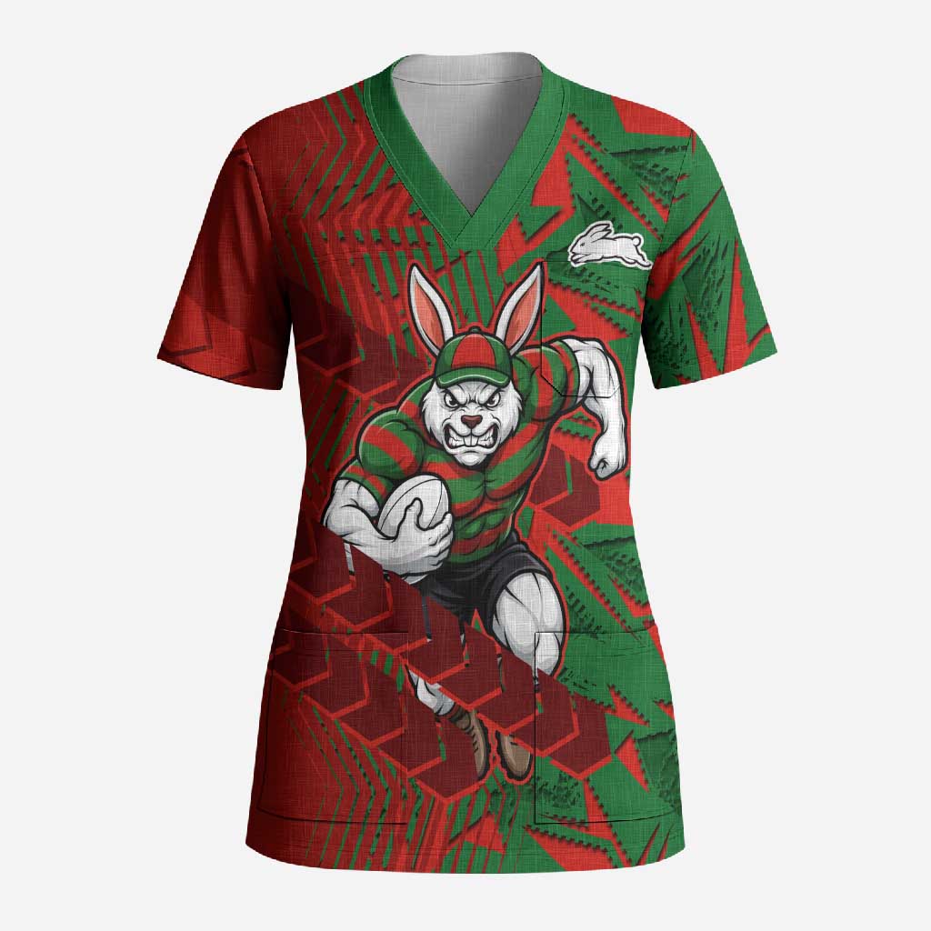 South Sydney Rabbitohs Rugby Scrub Top Fierce Mascot Geometric Tribal Art