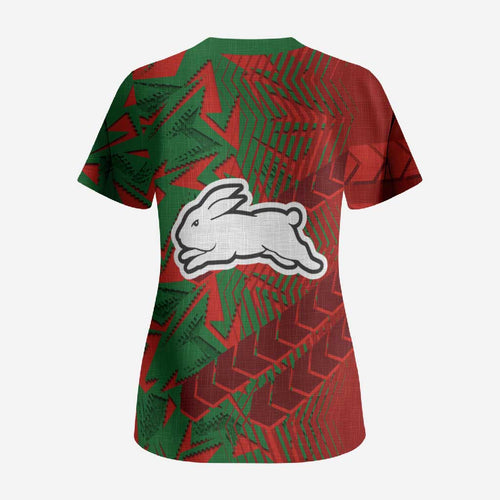 South Sydney Rabbitohs Rugby Scrub Top Fierce Mascot Geometric Tribal Art