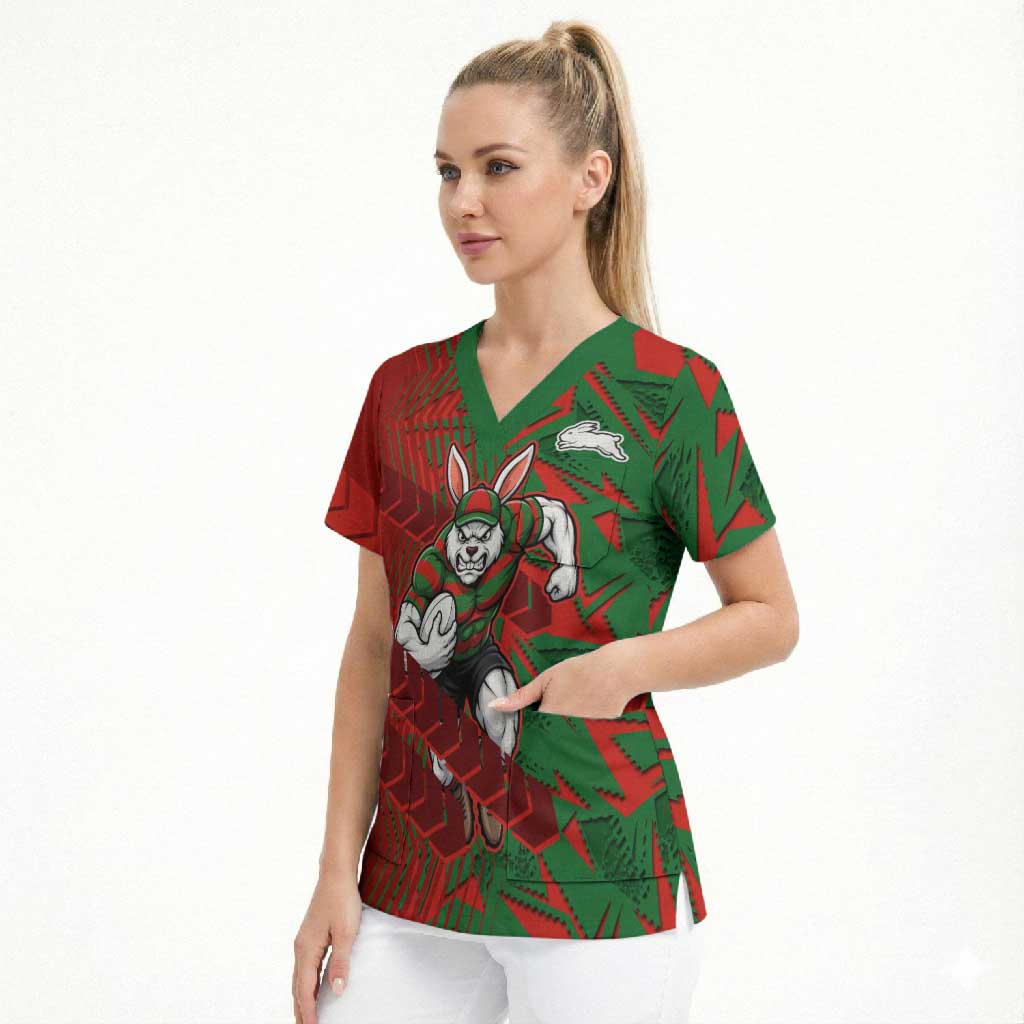 South Sydney Rabbitohs Rugby Scrub Top Fierce Mascot Geometric Tribal Art