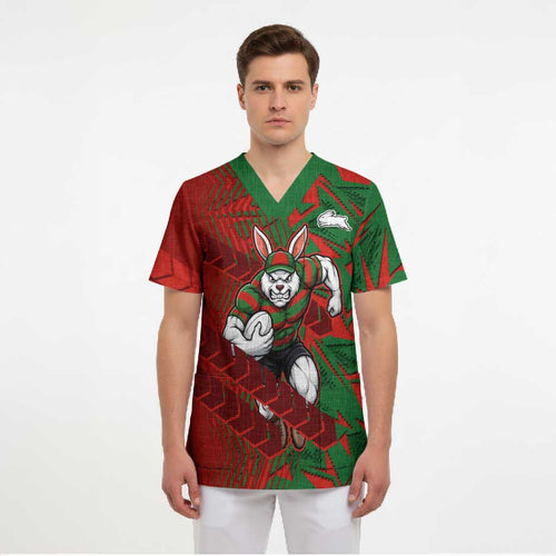 South Sydney Rabbitohs Rugby Scrub Top Fierce Mascot Geometric Tribal Art